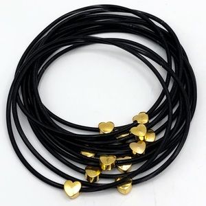 NEW BLACK GOLD HEART STUD PIANO WIRE BRACELET SET